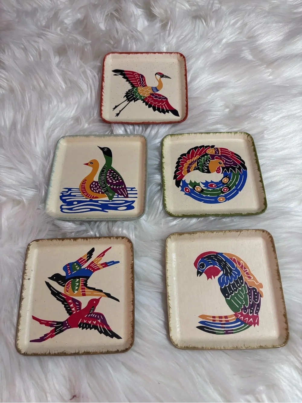 Ryuku Bingata Japanese Fuga Paper Coasters Colorful Folk Art Birds